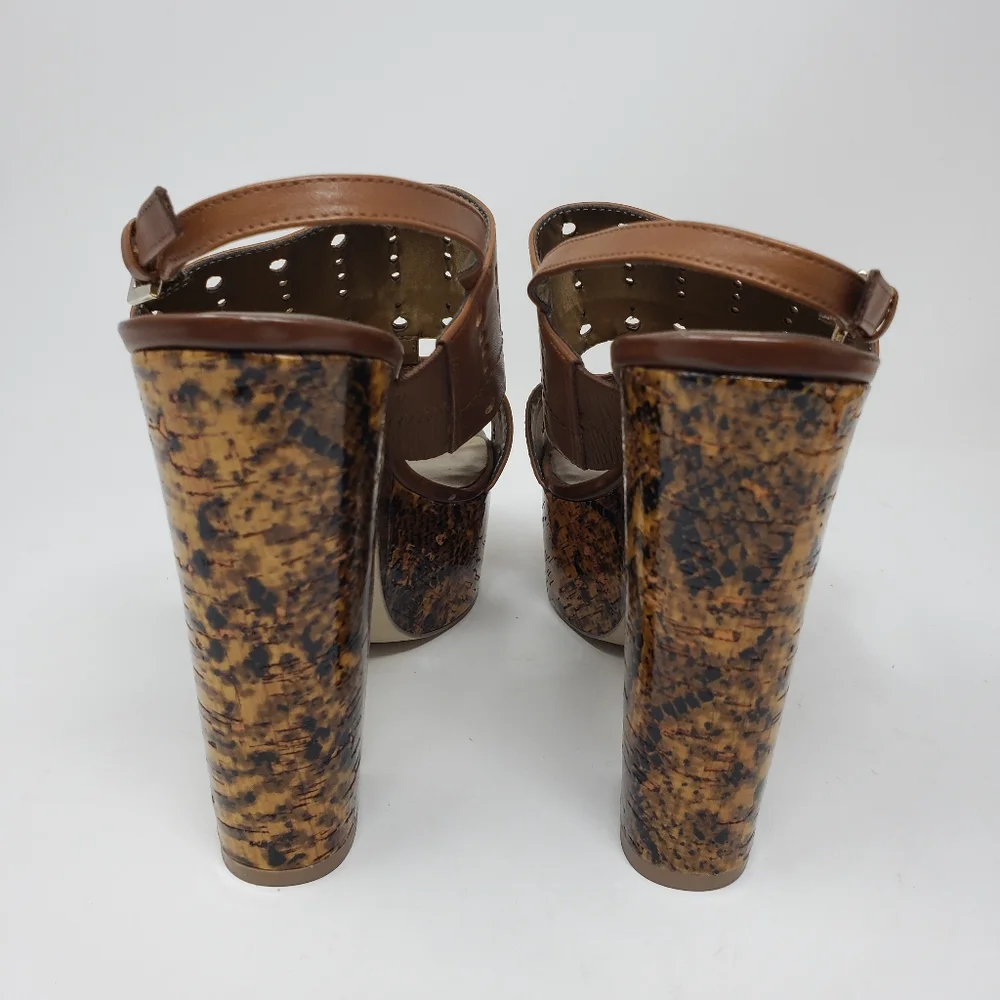 Guess Leather Platform Chunky Heeled Shoes Size 8.5 Brown Tan Heels‎ Ankle Strap